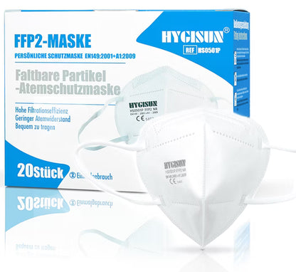 20 Stück Hygisun FFP2 Atemschutzmasken mit Nasenbügel CE1463 Weiß